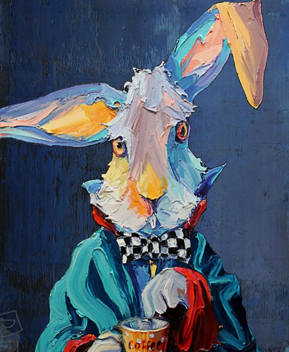 Coffee Rabbit, colorful impasto painting of a rabbit holding a coffee cup
